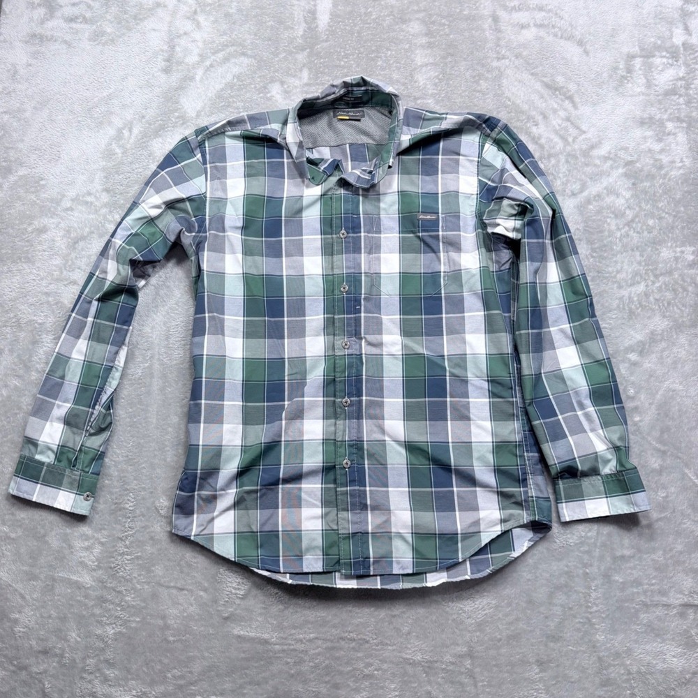 Eddie‎ Bauer Travex Plaid Button Down Mens Medium Green Blue Mesh Lined